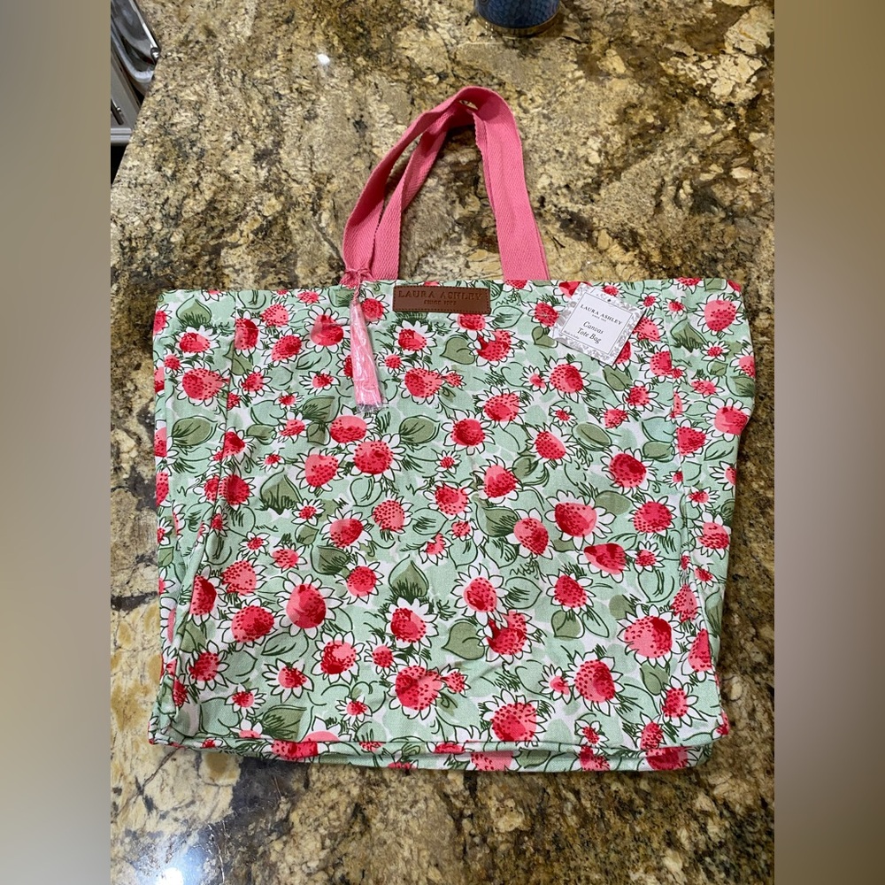 Laura Ashley canvas market tote - pink strawberry floral print - Brand new